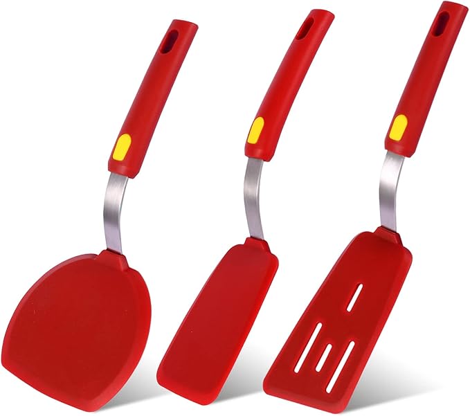 Hvanam Silicone Spatula Turner Heat Resistant 600°F 3 Piece Set Non Scratch Flexible Slotted and Solid Thin Rubber Spatula Flipper for Cooking Pancake,Egg,Fish,Burger,Steak for Nonstick Cookware,Red