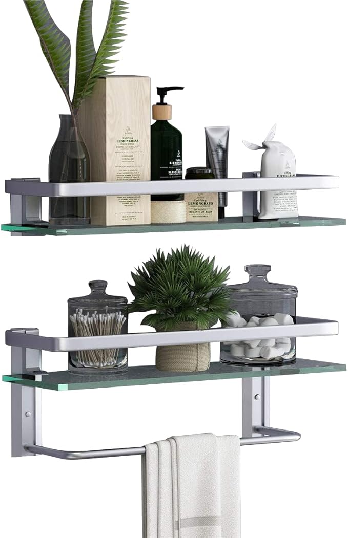 VOLPONE Glass Bathroom Shelf 15.7in Bathroom Shelf Wall Mounted Floating Glass Shelves with Towel Holder Glass Shelf for Bathroom 2 Tier (Sliver)
