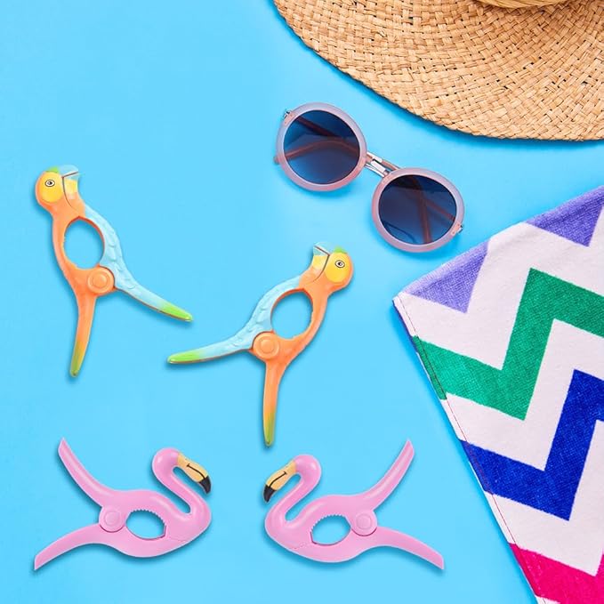Beach Towel Clips, Sopito Jumbo Size Towel Clips for Beach Chairs Cruise Patio and Pool Accessories, Set of 4 (Pink Orange Flamingo Parrot)
