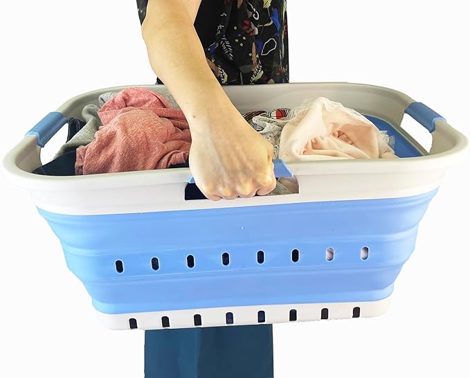 SAMMART 42L (11 gallon) Collapsible Plastic Laundry Basket - Foldable Pop Up Storage Container/Organizer - Space Saving Hamper/Basket (1, Grey/Little Boy Blue)