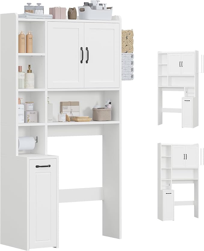 Over The Toilet Storage Cabinet with Pulley Small Bathroom Storage Cabinet, Space Saver W/Adjustable Shelf & Towel Rack for Bathroom, Restroom, Laundry (White-Type B)