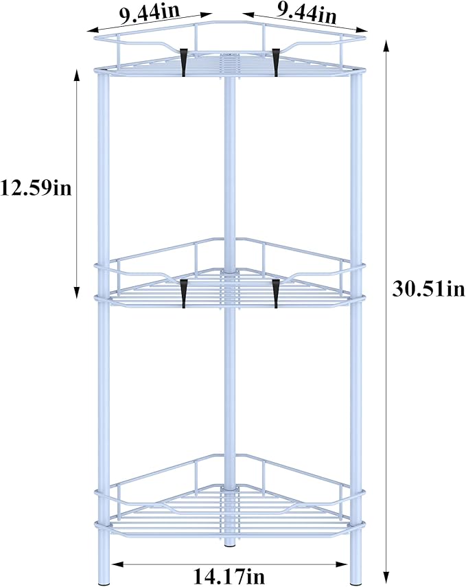 3 Tier Floor Standing Corner Shower Caddy Organizer Shelf with Hooks, Bathroom Shelves Stand Rack, Blue
