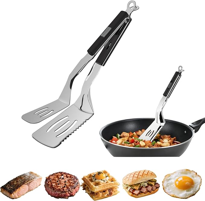 11.5-inch Stainless Steel Tongs for Cooking – Versatile Metal Spatula Tongs for Flipping, Picking Up, Cutting, and Stir-Frying Meats and Other Foods. Kitchen Tongs Durable and Multifunctional.(Red)