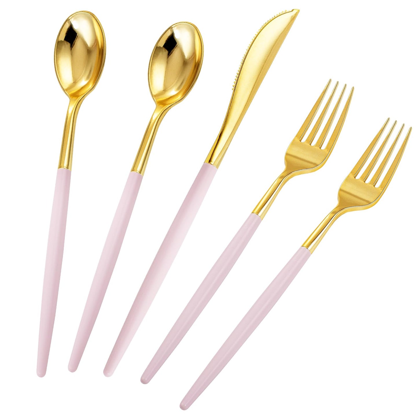 Rubtlamp 96Pcs Gold Plastic Silverware, Gold Plastic Utensils with White Handle, Gold Silverware Set Includes: 32 Knives, 32 Plastic Spoons And 32 Forks