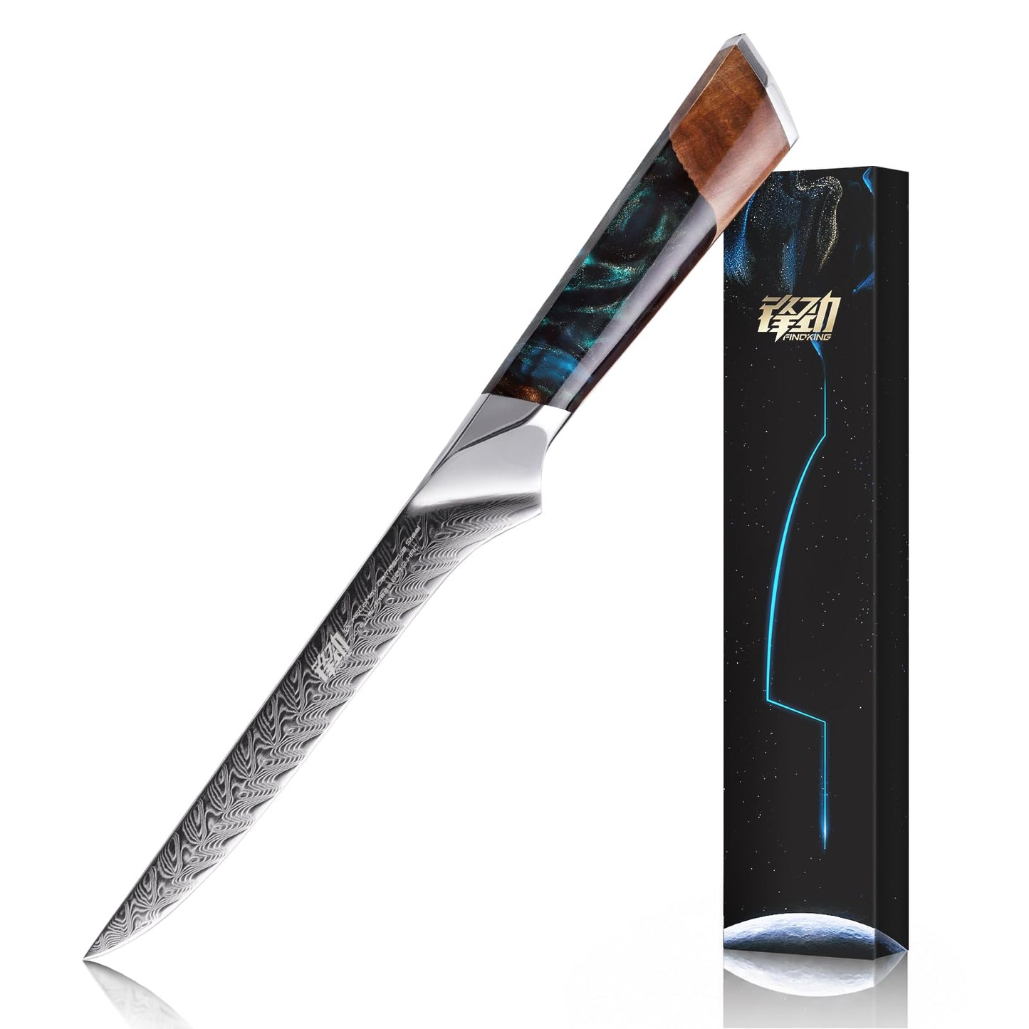 FINDKING Nebula Series Kitchen Utility Knife with ABS Sheath, Versatile Small Petty Knife, 10Cr15CoMov Damascus Blade, Resin and Figured Sycamore Handle, Full Tang, 5 Inch, Blue, for Fruit, Steak