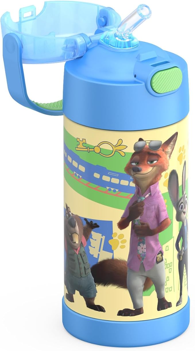 THERMOS FUNTAINER Water Bottle with Straw - 12 Ounce - Kids Stainless Steel Vacuum Insulated Water Bottle with Lid, Zootopia 2