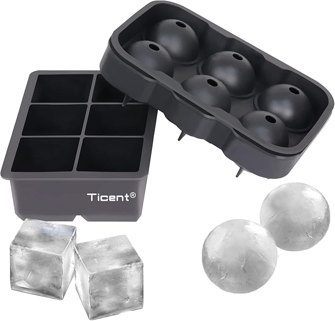 Ticent Ice Cube Trays Set of 2-Silicone Sphere Ice Ball Maker with Lid & Large Square Ice Molds for Whiskey, Cocktail & Brandy (Grey)