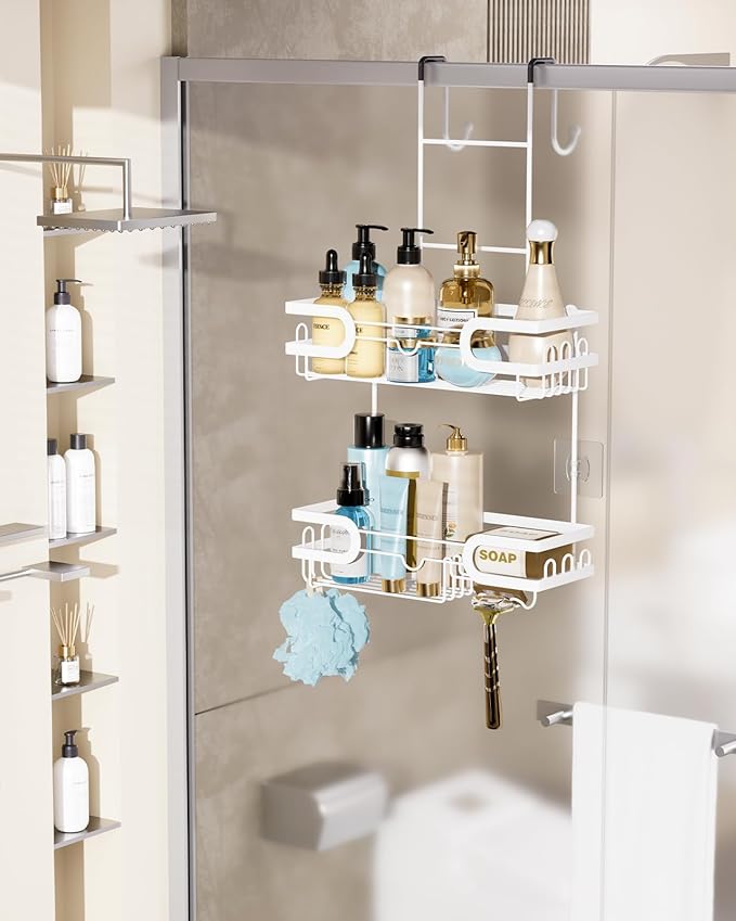 HapiRm Shower Caddy Over Door- Hanging Shower Organizer with 14 Hooks and Soap Holder, Rustproof & Waterproof Stainless Steel Bathroom Shelf - White