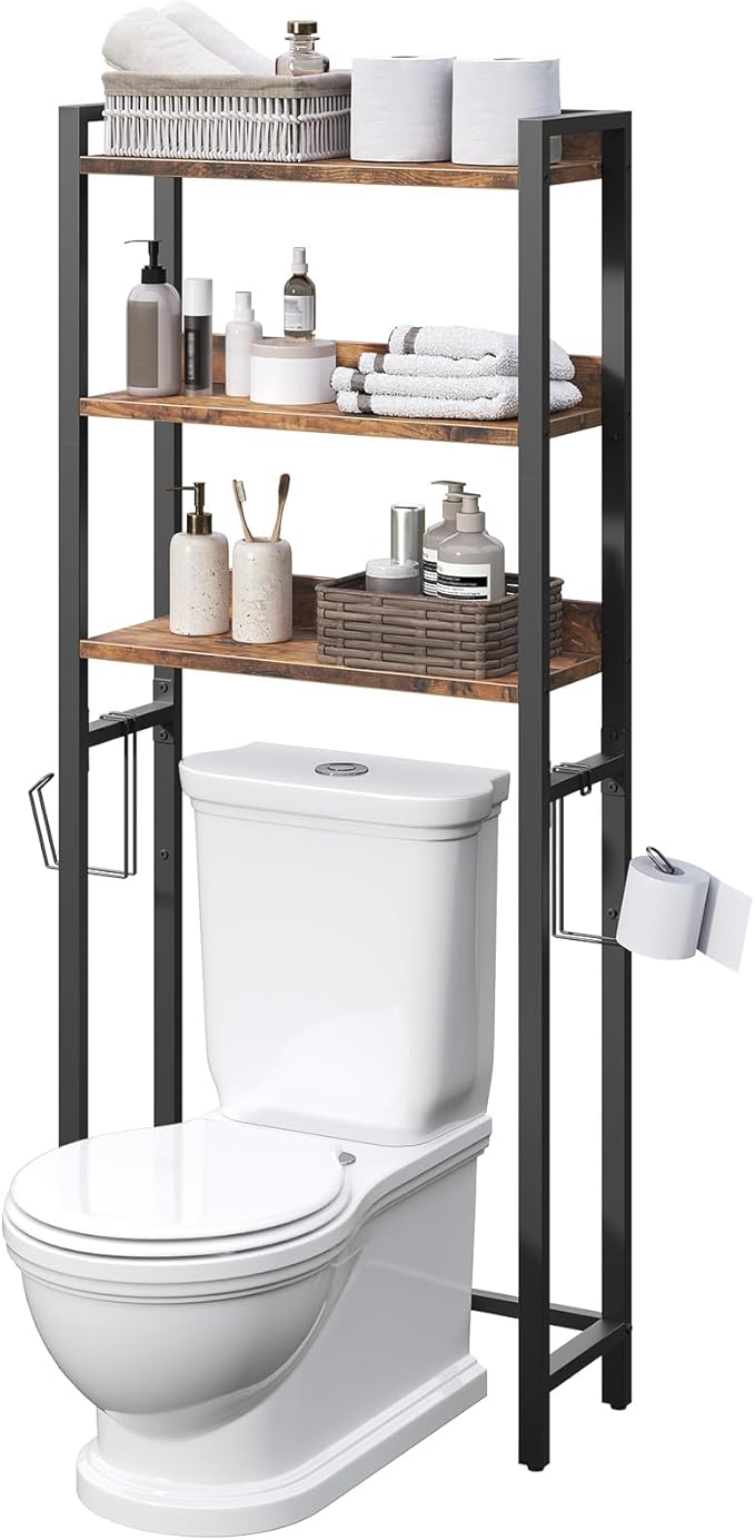 Over The Toilet Storage Rack, 3 Tier Bathroom Organizer Over Toilet, Freestanding Space Saver Toilet Stand with 2 Hooks, Bathroom Storage Shelf, Easy to Assemble, Rustic Brown TSHR6001