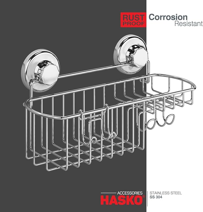 HASKO Suction Cup Shower Caddy Basket for Shampoo, Shower Suction Shelf Organizer, Basket with Soap Holder and Hooks, Stainless Steel Shampoo Holder for Bathroom Storage, Chrome
