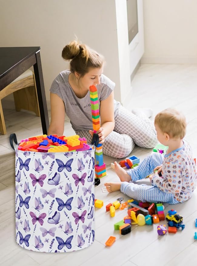 Butterfly Laundry Basket Kids Hamper for Nursery Boy and Girl Hamper Cute Kids Toys Storage Bin Organizer Room Decor for Home(Purple Butterfly)