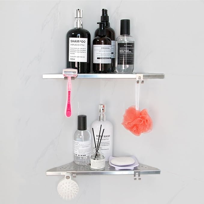 Shower Corner Shelf with 4 Hooks,No-Drill 10" Brushed Nickel 304 Stainless Steel Recessed Shelves for Bathroom Tile Walls,2-Pack