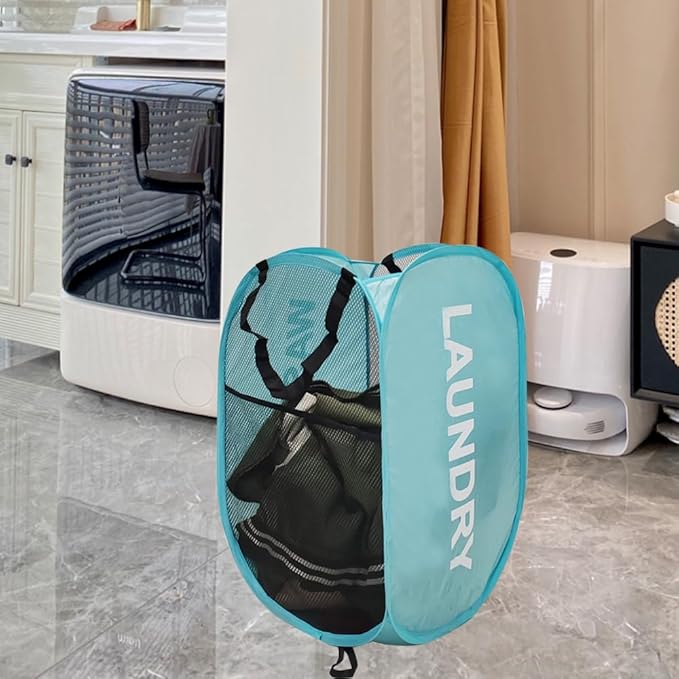 Mesh Pop Up Laundry Hamper with Handles, Collapsible Laundry Basket Side Pocket Dirty Clothes Hamper (Sky Blue)