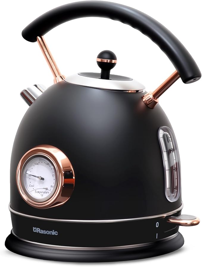 Rasonic Retro Electric Kettle Stainless Steel, 1.8L Tea Water Boiler, 1500W Fast Quiet Boil, Temperature Gauge, Auto Shut-Off, Boil-Dry Protection, White Champagne Gold