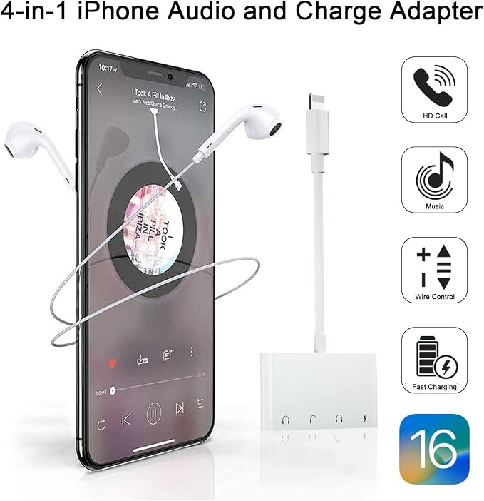 4 in 1 Headphone Splitter, iPhone Headphone Adapter + Dual 3.5mm Headphone Jack