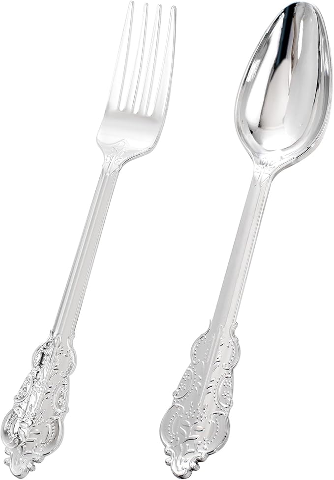 BUCLA 200 Piece Gold Plastic Silverware - Baroque Style Gold Plastic Forks and Spoons - 100 Forks and 100 Spoons for Weddings, Parties & Thanksgiving