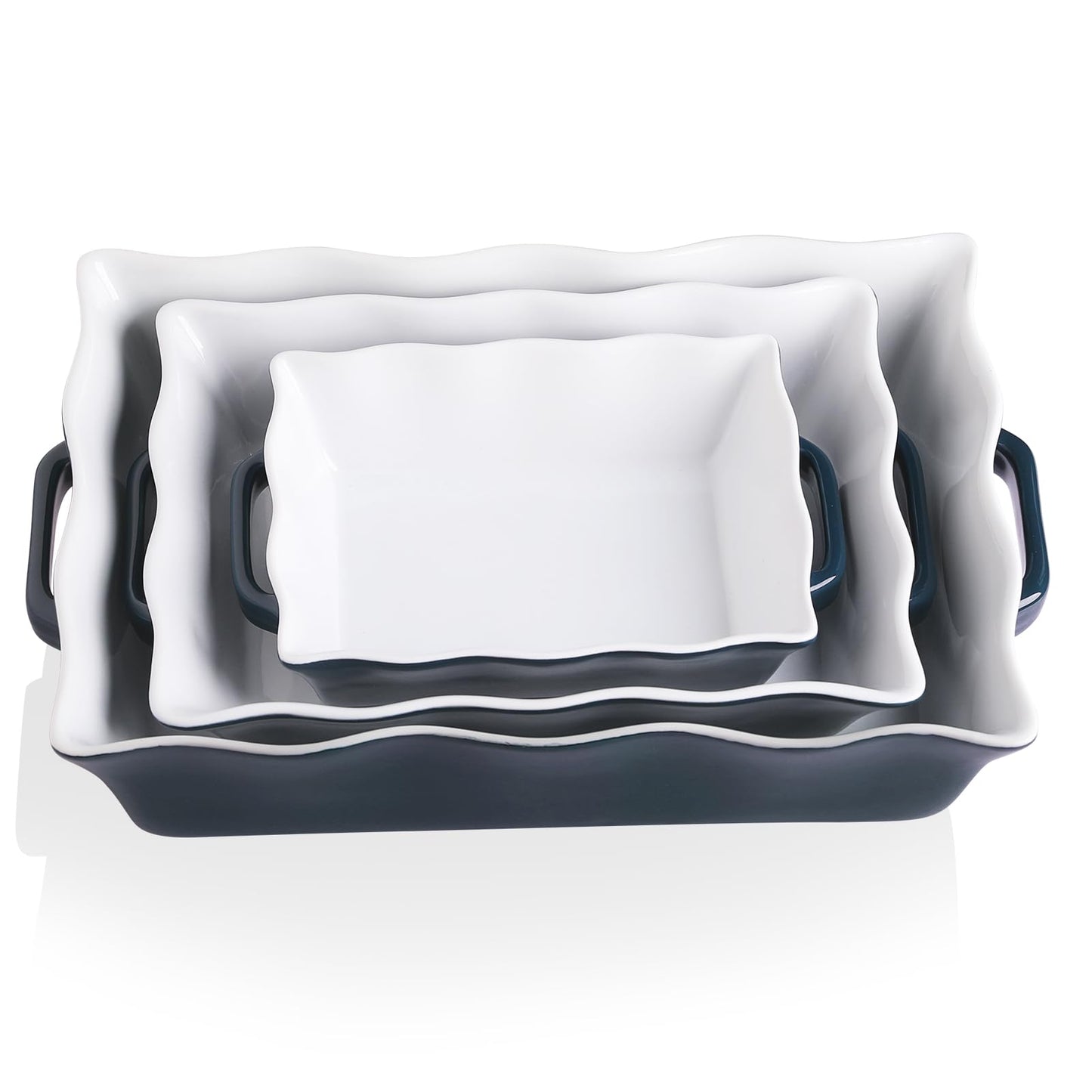 Sweejar Casserole Dishes for Oven, Ceramic Bakeware Set of 3, Rectangular Baking dish with Handles, Wave Edge Lasagna Pan Deep for Cooking, Cake, Dinner, Banquet and Daily Use (Navy)