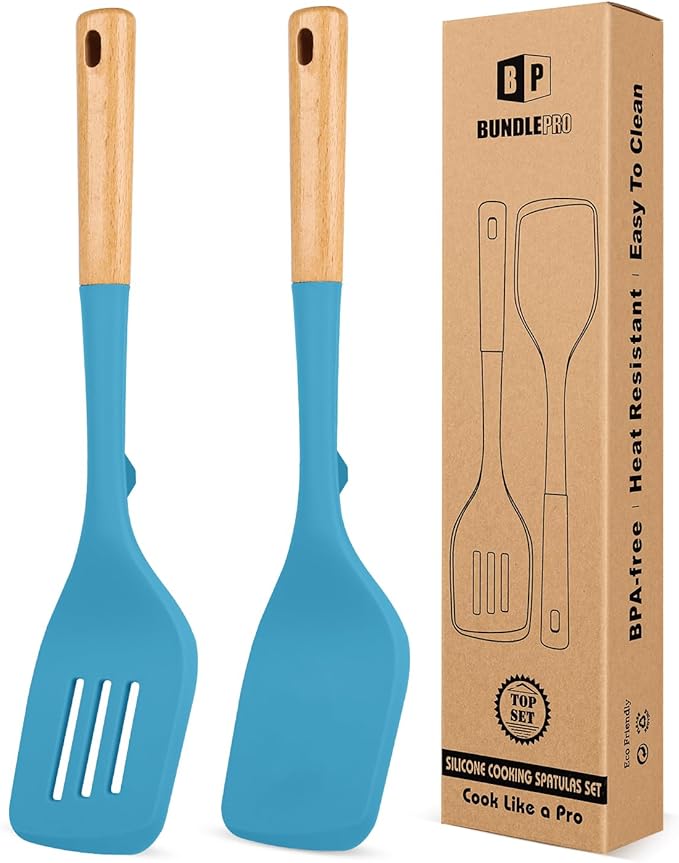 Pack of 2 Large Silicone Spatula, Heat Resistant Solid Turner, Non Stick Slotted Spatulas with Wooden Handle, Ideal Kitchen Utensils for Flipping, Pancakes, Eggs, Fish(KHAKI)