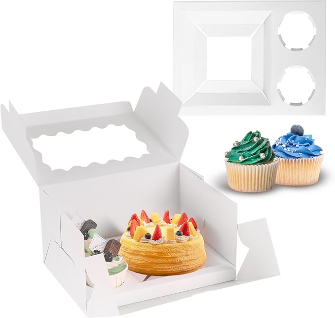 JCD 9 Holes Fit 8 Cupcakes and 1 Mini Cake Box Combo,8 sets of Cake Boxes, Pastry Sweets Bento Box, Cupcake Combo Box with Stickers(1+8/8pcs)