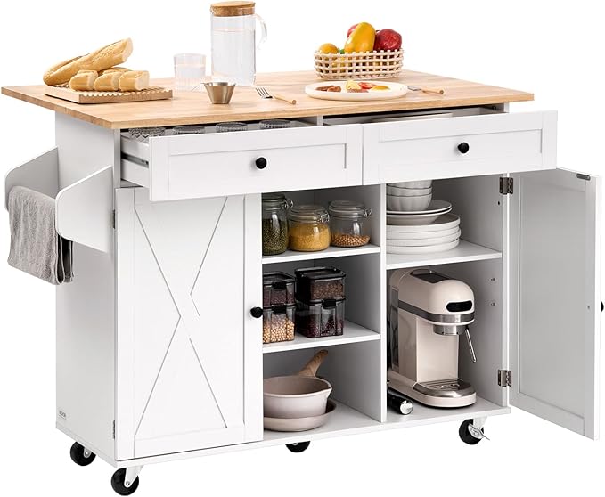 VEVOR Kitchen Island Cart, Rolling Table with Drop Leaf, Spice Rack, Towel Bar, Adjustable Shelf, Drawer, and Hooks, Mobile Island on Wheels, Mobile Carts with Storage Cabinet, 45.3" Wood Top, Black