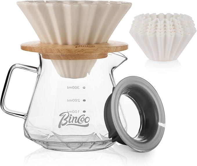 Bincoo 400ML Pour Over Coffee Maker Set with Filter Paper,Ceramic Coffee Dripper with Wood Stand Set for 1-2 Cups-Professional Brewing Tools for Pour Over & Drip for Home Office (Black)