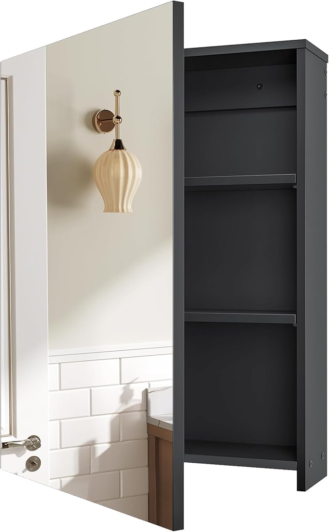Bathroom Medicine Cabinet, Wall-Mounted Bathroom Vanity with Mirror, Bathroom Medicine Cabinet with Storage Function, Hanging Storage Cabinet, Adjustable Shelves, Black