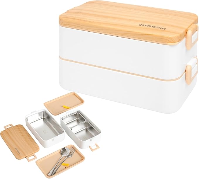 gimmiebox premium stainless steel bento box lunch box with compartments for adults, spoon and fork, leak-proof, easy side locks (Black)