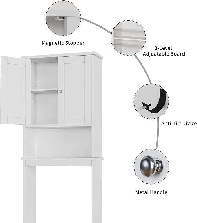 Shintenchi Over The Toilet Storage Cabinet, Bathroom Shelf Organizer with Anti-Tip Device Small Freestanding Space Saver with Adjustable Shelf,White