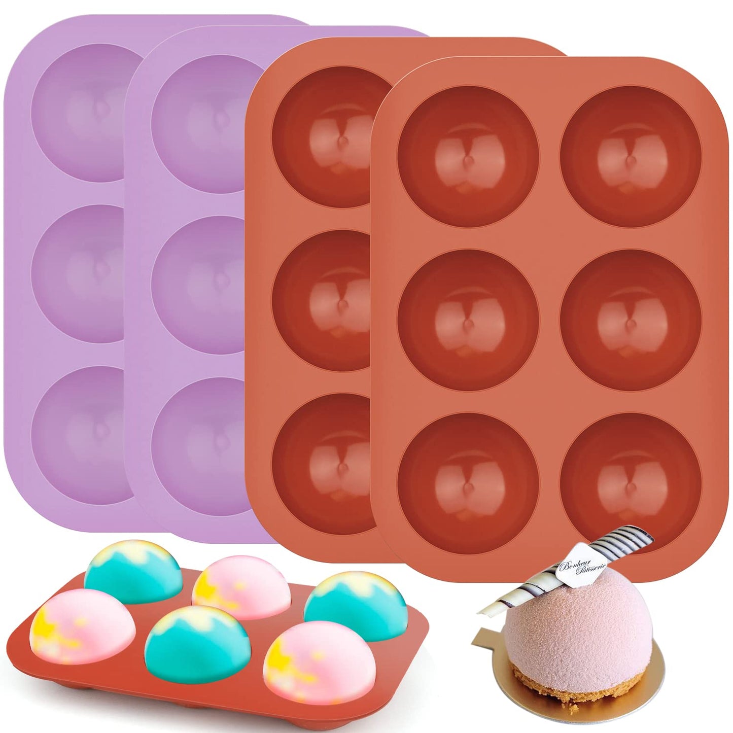 2 Pack 6-Cavity Semi Sphere Silicone Mold, Baking Mold for Making Hot Chocolate Bomb, Cake, Jelly, Dome Mousse (Purple)