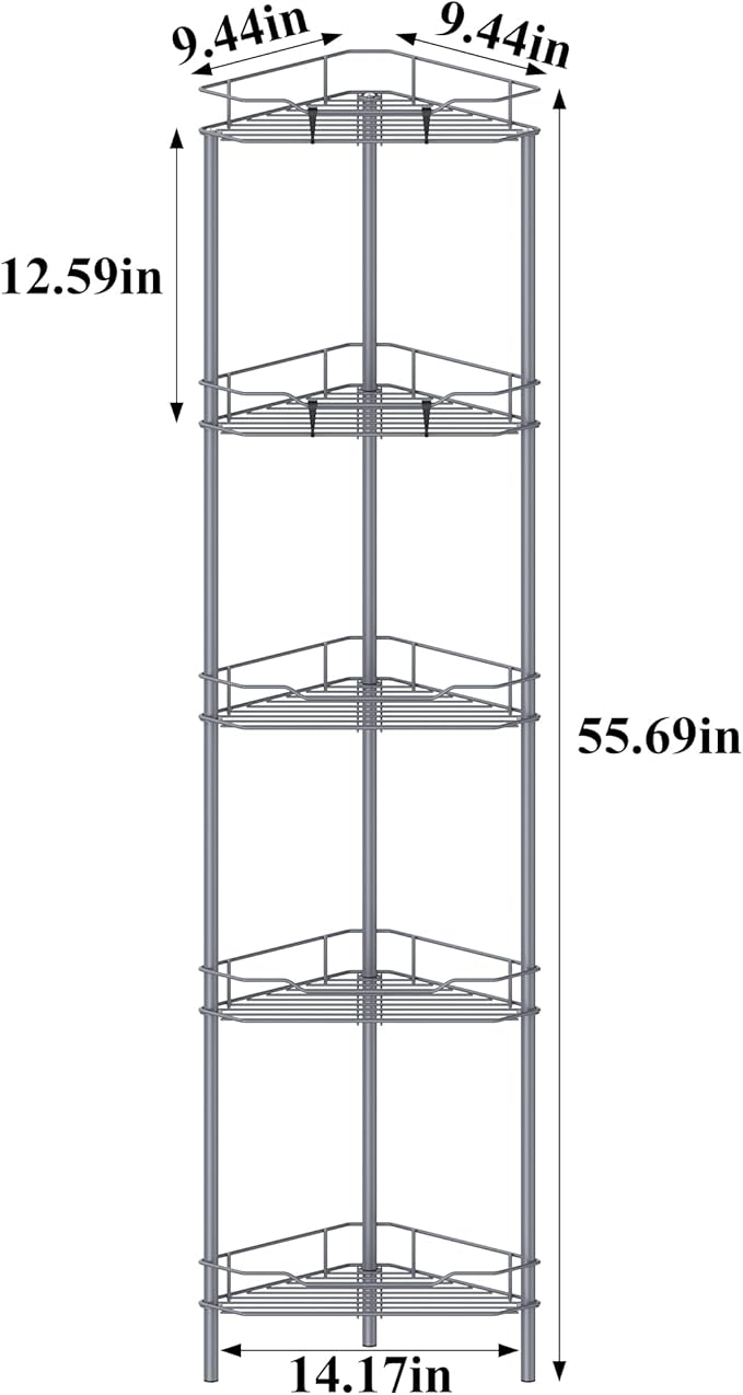 5 Tier Floor Standing Corner Shower Caddy Organizer Shelf with Hooks, Bathroom Shelves Stand Rack, Dark Gray