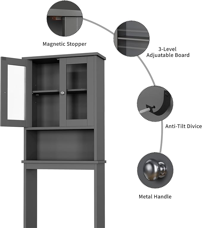 Shintenchi Over The Toilet Storage Cabinet, Bathroom Shelf Organizer with Anti-Tip Device Small Freestanding Space Saver with Adjustable Shelf and Glass Door, Gray