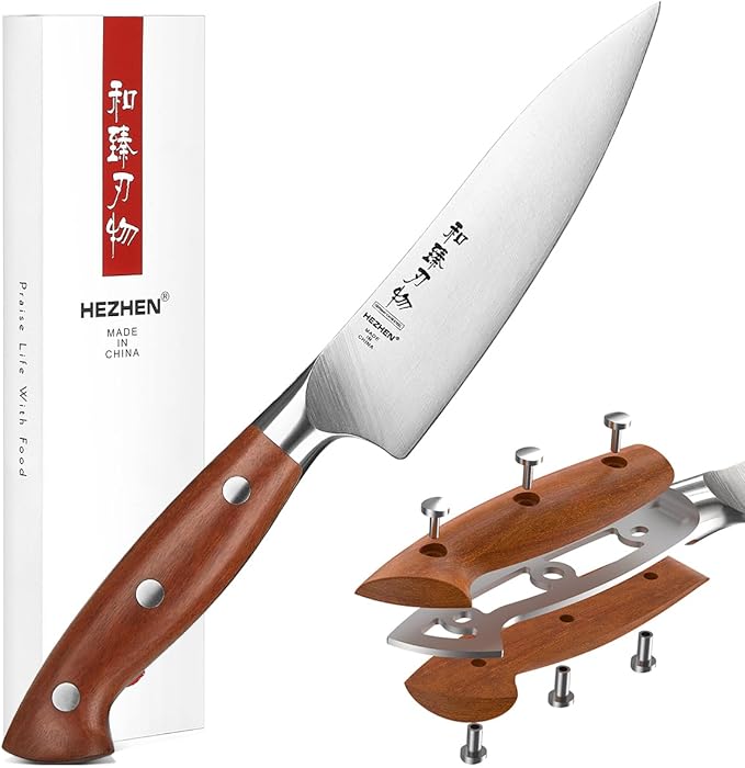 HEZHEN 8 PCS Kitchen Knife Block Set, German DIN 1.4116 Steel Knife Set with Block and Sharpener,Kitchen Shear, Ultra Sharp Blade,Red Wood Handle, Gift Packing