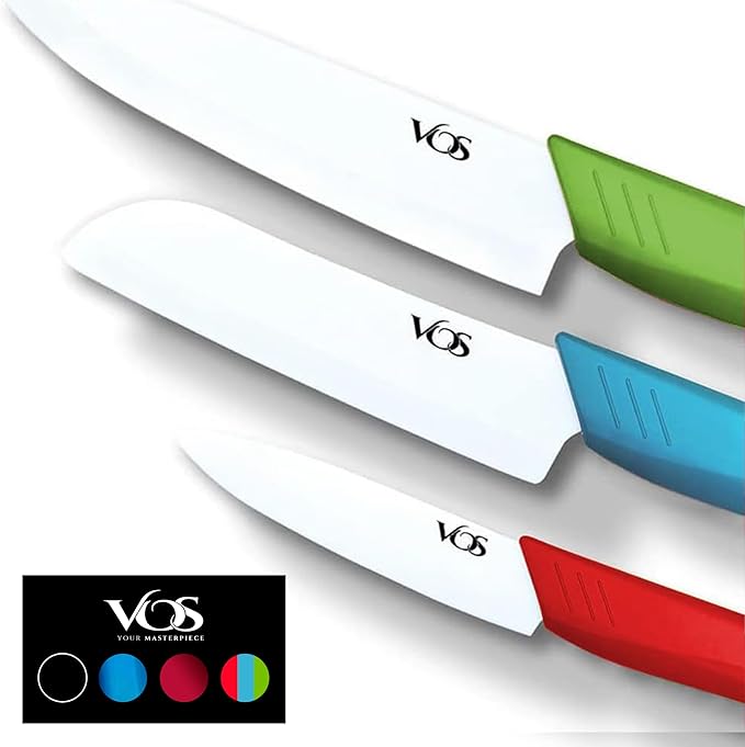 Vos Ceramic Knife Set in Elegant Gift Box, Ceramic Knives Set For Kitchen, Ultra Sharp Kitchen Knife Set with Covers, 4" 5" 6" Paring, Santoku & Chef Knife, Lightweight, Dishwasher safe (Black Handle)