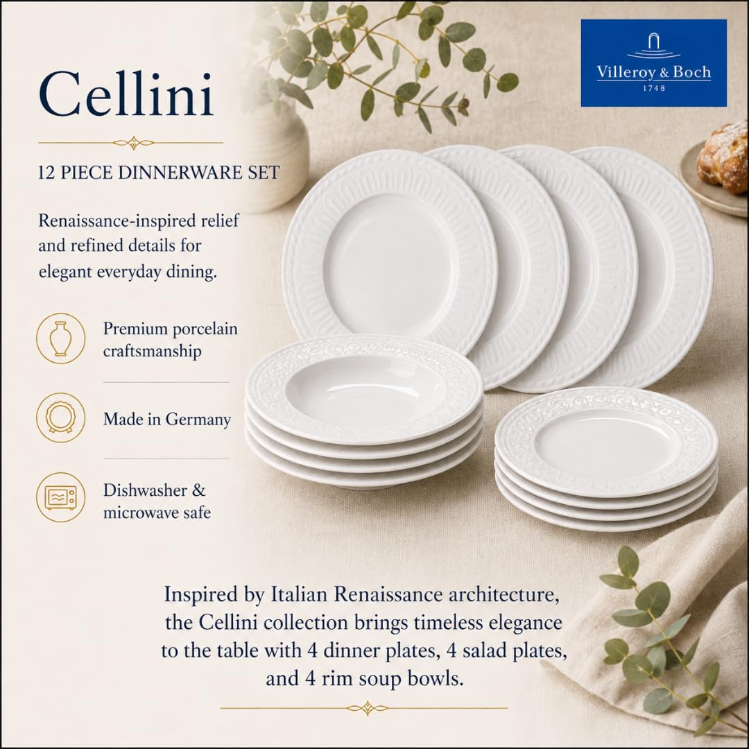 Villeroy & Boch Cellini 12 Piece Dinnerware Set, White, Service for 4