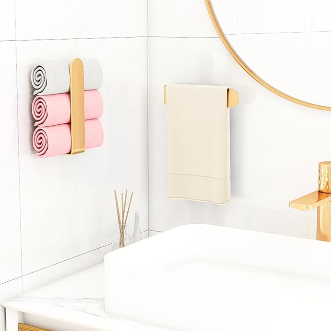 Self Adhesive Hand Towel Holder Rose Gold, 8 Inch Towel Holder for Bathroom Wall Mounted, Square Towel Bar Stick on Wall for Kitchen Cabinet RV (2 Pack)