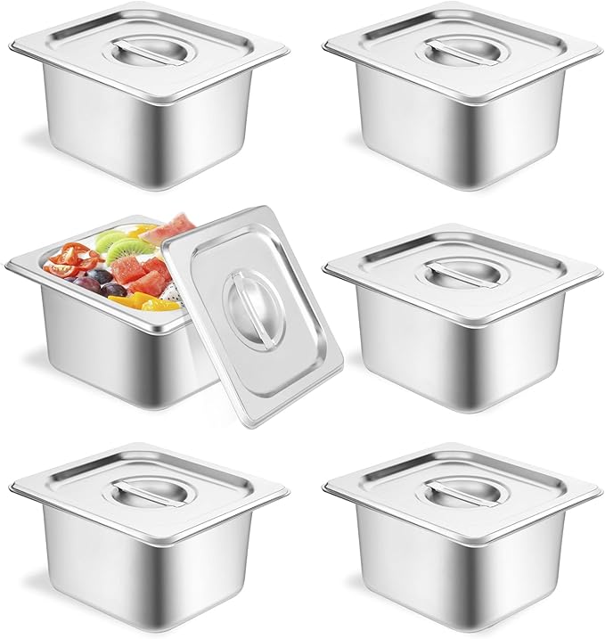 Mwellewm 4 Pack Hotel Pans with Lids 1/3 Size x 6 Inch Deep Stainless Steel Steam Table Pan Commercial Gauge Restaurant Supplies Anti Rust Metal Food Containers Catering Storage for Party Buffet Home