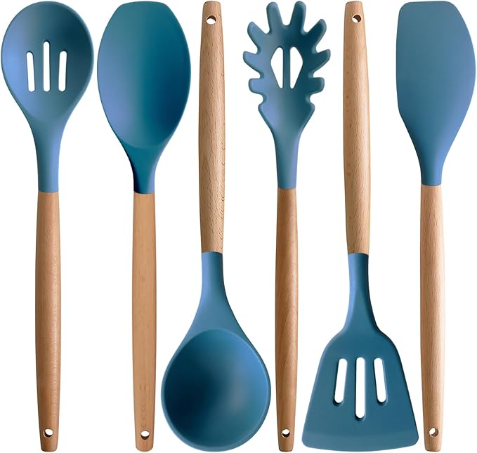 IOCBYHZ Silicone Cooking Utensils Set 5Pcs Non-Stick Silicone Kitchen Utensils for Cooking, Heat Resistant Kitchen Gadgets Spatula Spoon Turner Set with Wooden Handles for Non-Stick Cookware BPA Free