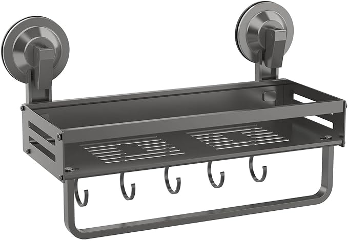 Onemake Shower Caddy Suction Cup, 1 Pack 11.8 inch Aluminum Suction Showers Organizer with Towel Bar & Hooks, Rustproof Shower Shelf, NO-Drilling Bathroom Shelf Storage Rack, Gray