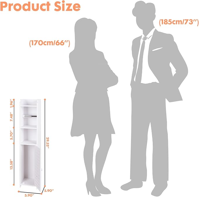 ShellKingdom Toilet Paper Holder Stand with Rods, Small Bathroom Storage Cabinet with Doors and Shelves, Slim Storage Cabinet for Bathroom Small Spaces Corner Floor - White