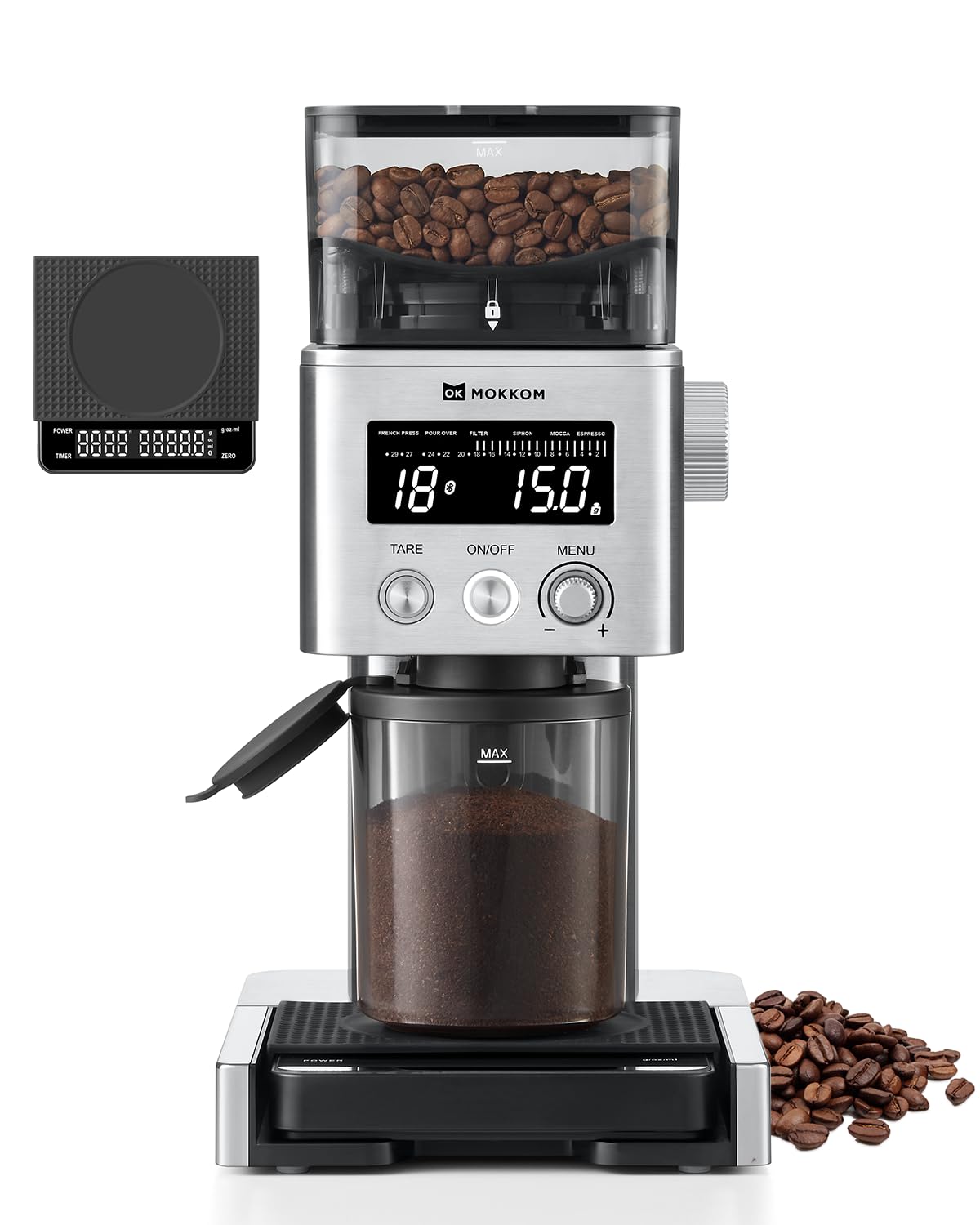 MOKKOM Electric Conical Burr Coffee Grinder with Removable Coffee Scale, Anti-static Coffee Bean Grinder, 31 Grind Settings and Precision Timer for Espresso Pour Over, French Press Stainless Steel