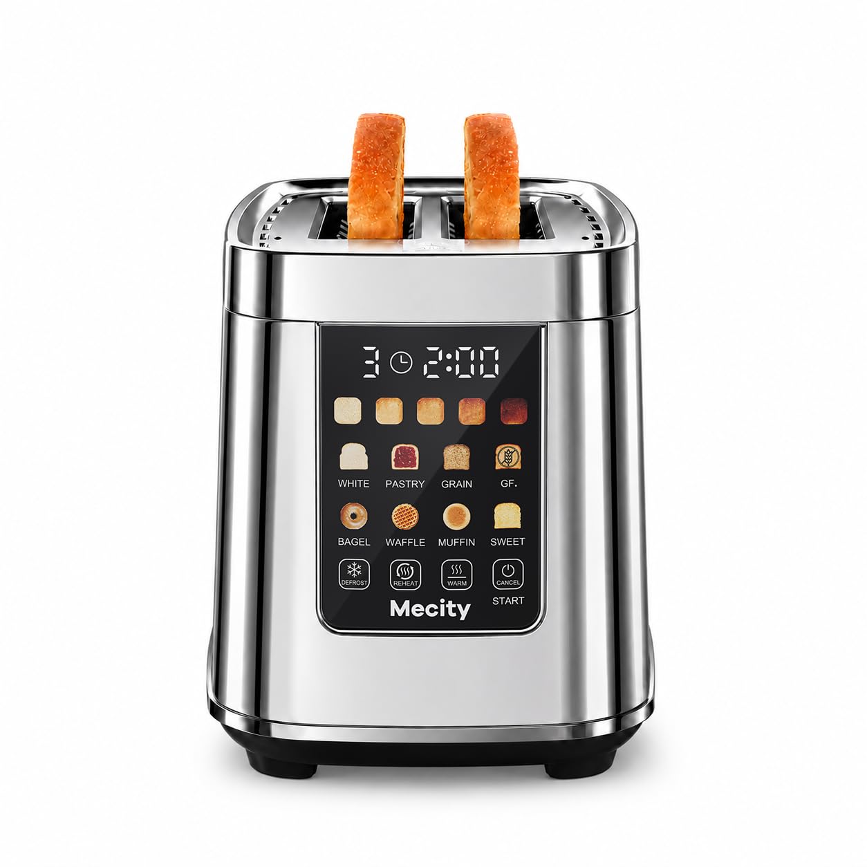 Mecity Motorized Toaster 2 Slice with Touch Screen, Stainless Steel Smart Toaster, 8 Bread Types, 5 Shade Levels, 1200W High Power, Keep Warm Mode, Reheat Defrost Functions, 120V