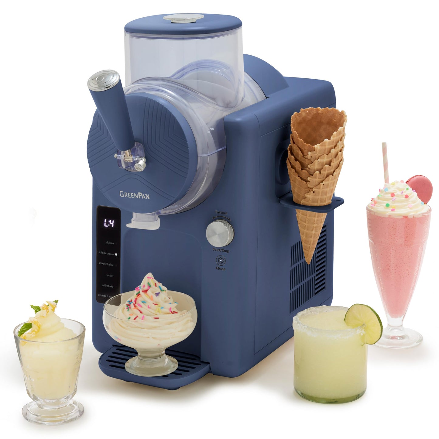 GreenPan Frost Ice Cream Maker & Slushie Machine, Soft Serve, Sorbet, Margaritas, Milkshakes, Frozen Yogurt, No Pre-Freezing, Ready in 15 Mins, 6 Modes, 7 Textures, Self-Cleaning, Family Size, Green