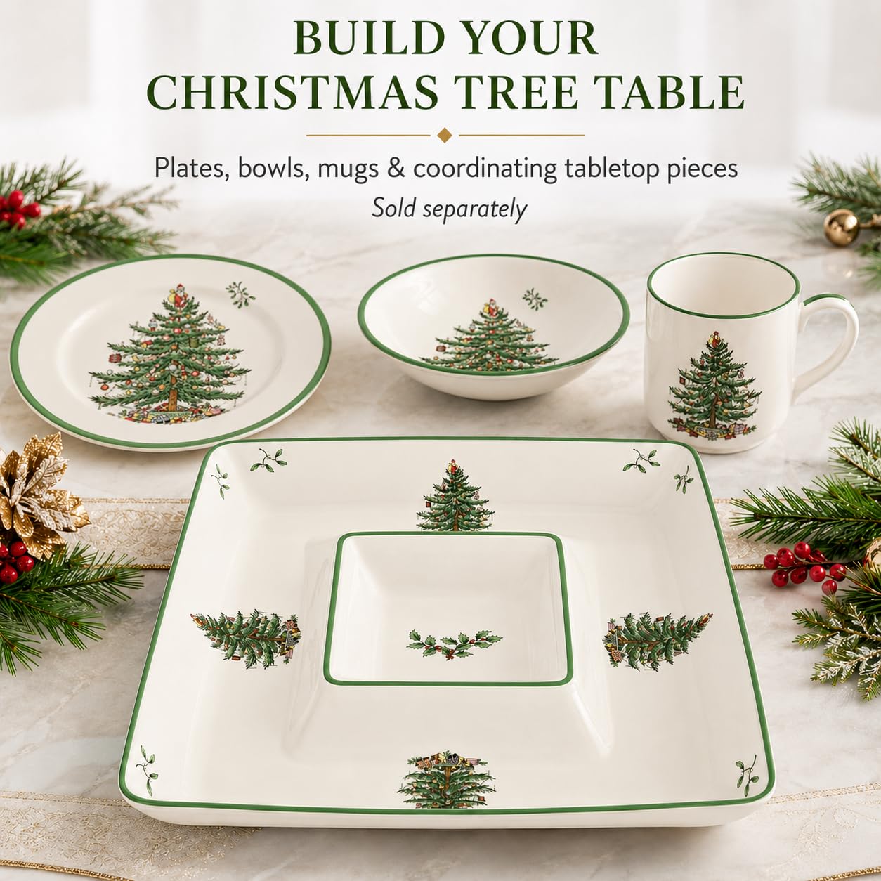 Spode Christmas Tree 12-Piece Dinnerware Set (Service for 4) - Festive Holiday Tableware Collection with Plates and Mugs - Fine Earthenware Christmas Dinnerware - Microwave & Dishwasher Safe