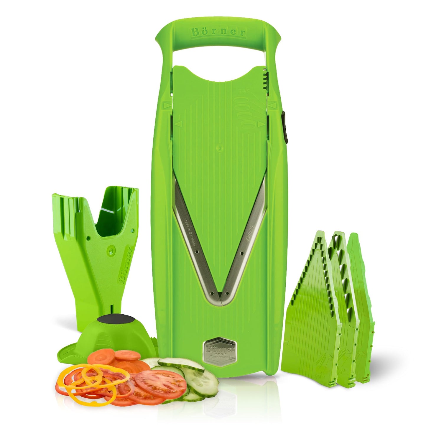 Swissmar Börner VPower V-Slicer Mandoline – Professional Kitchen Tool with Adjustable Thickness – Precision Food Slicer for Vegetables, Julienne & Shredding – Includes Safety Holder & Inserts - Red