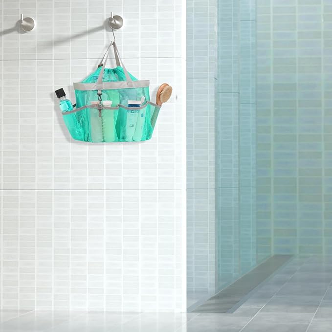F-color Mesh Shower Caddy Portable with Drawstring - Large 8 Pockets Dorm Room Essentials for Guys Girls with S Hook, Shower Bag Basket Tote for College Camping Gym Travel Bathroom, Mint Green