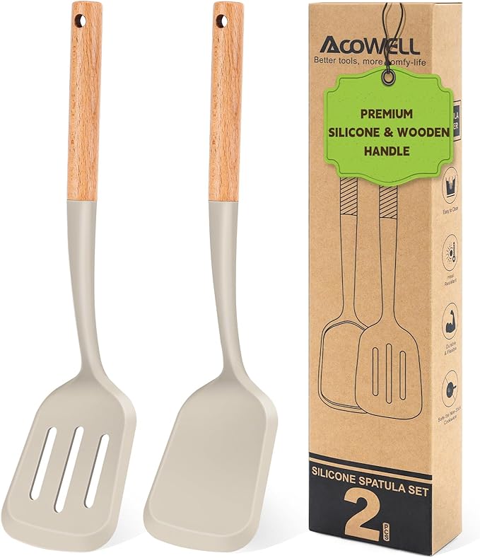 Pack of 2 Silicone Spatula Set with Elegant Wooden Handle, Heat Resistant Solid & Slotted Turner for Non Stick Pans, Great Kitchen Spatulas, Cooking Utensils for Sautéing, Frying, Flipping -Black