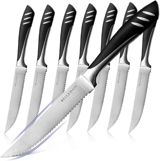 Bellemain Steak Knife Set of 8, Serrated Stainless Steel, Dishwasher Safe