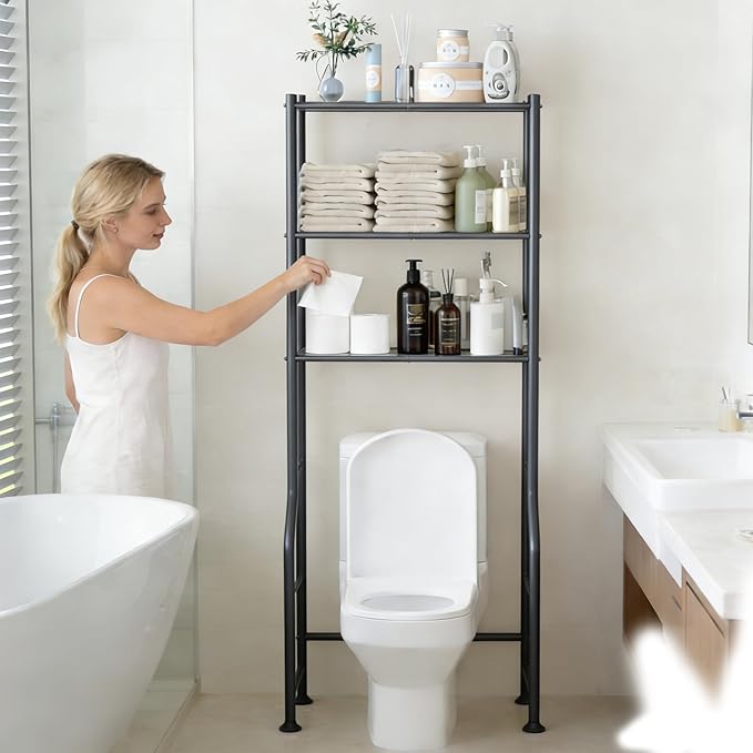 3-Tier Over The Toilet Storage Rack, Space Saver Metal Bathroom Shelves, Freestanding Over Toilet Bathroom Organizer for Bathroom/Living Room, Black