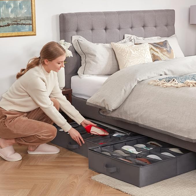 Lifewit Under Bed Shoe Storage Organizer Set of 2, 4.3 Inches Tall Low Profile Fabric Shoes Container Box with Clear Cover, Foldable Storage Bag with 2 Handles, Total Fits 24 Pairs of Shoes, Grey