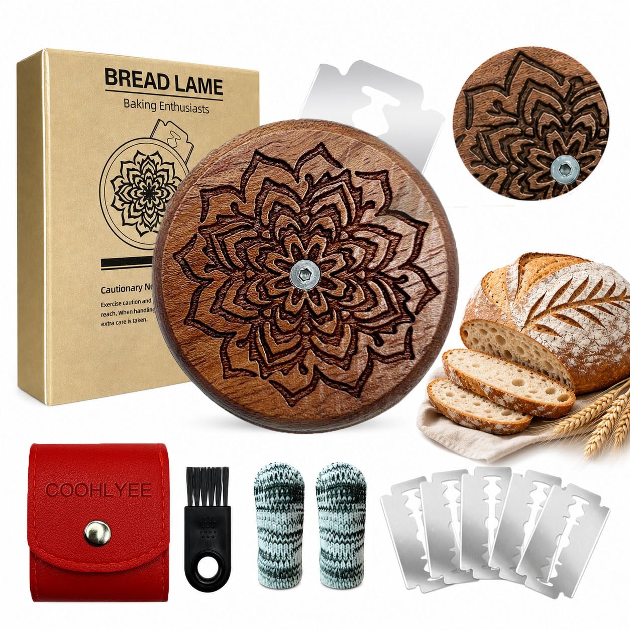 COOHLYEE UFO Bread Lame for Sourdough, Wooden Sourdough Scoring Tool with PU Storage Case, 5 Replaceable Blades and Finger Protectors, Bread Scorer for Homemade Bread Baking Gifts